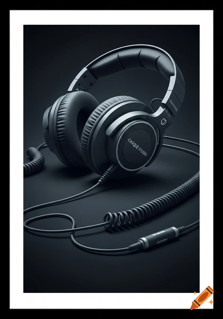 A pair of professional black studio headphones with a coiled cable rest on a dark, reflective surface, depicted in a photorealistic style.
