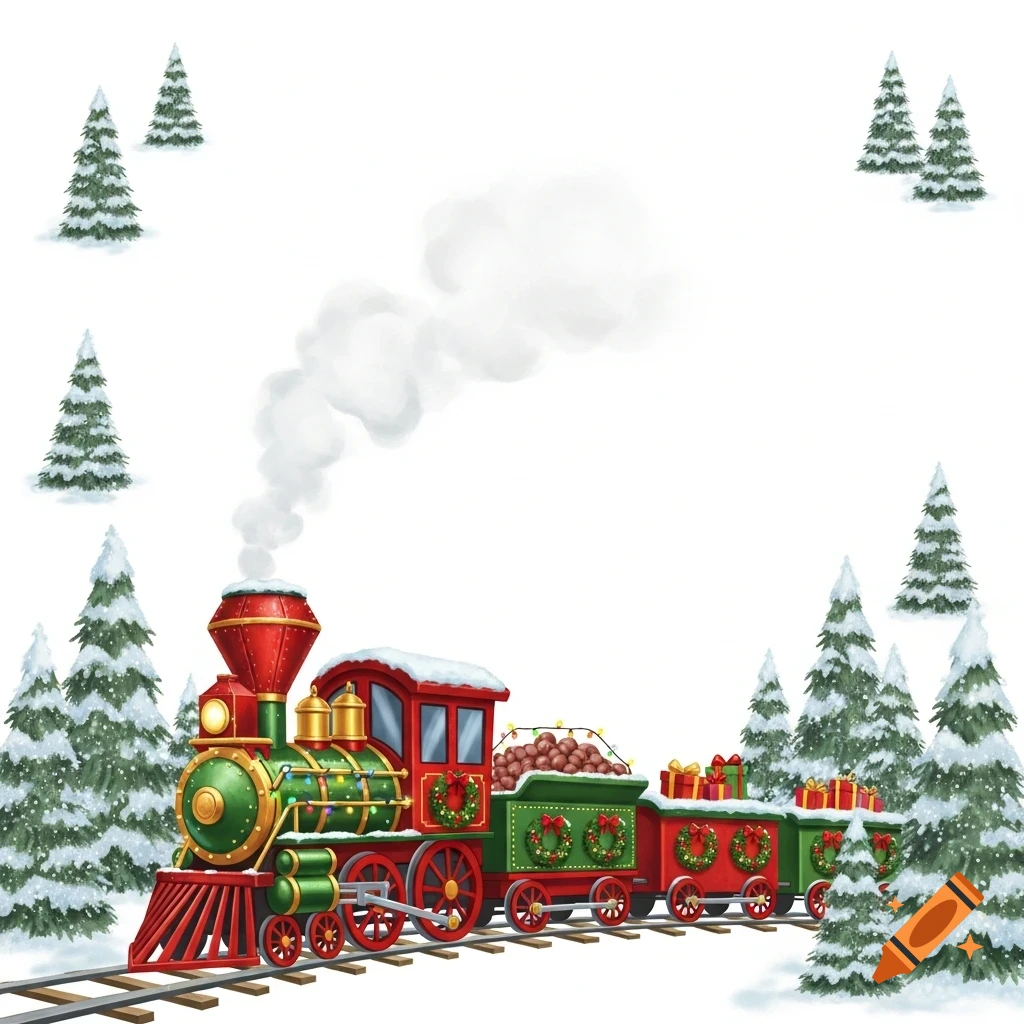 A festive red and green Christmas train on tracks, with snow-covered evergreen trees and white smoke from the chimney, against a white background.