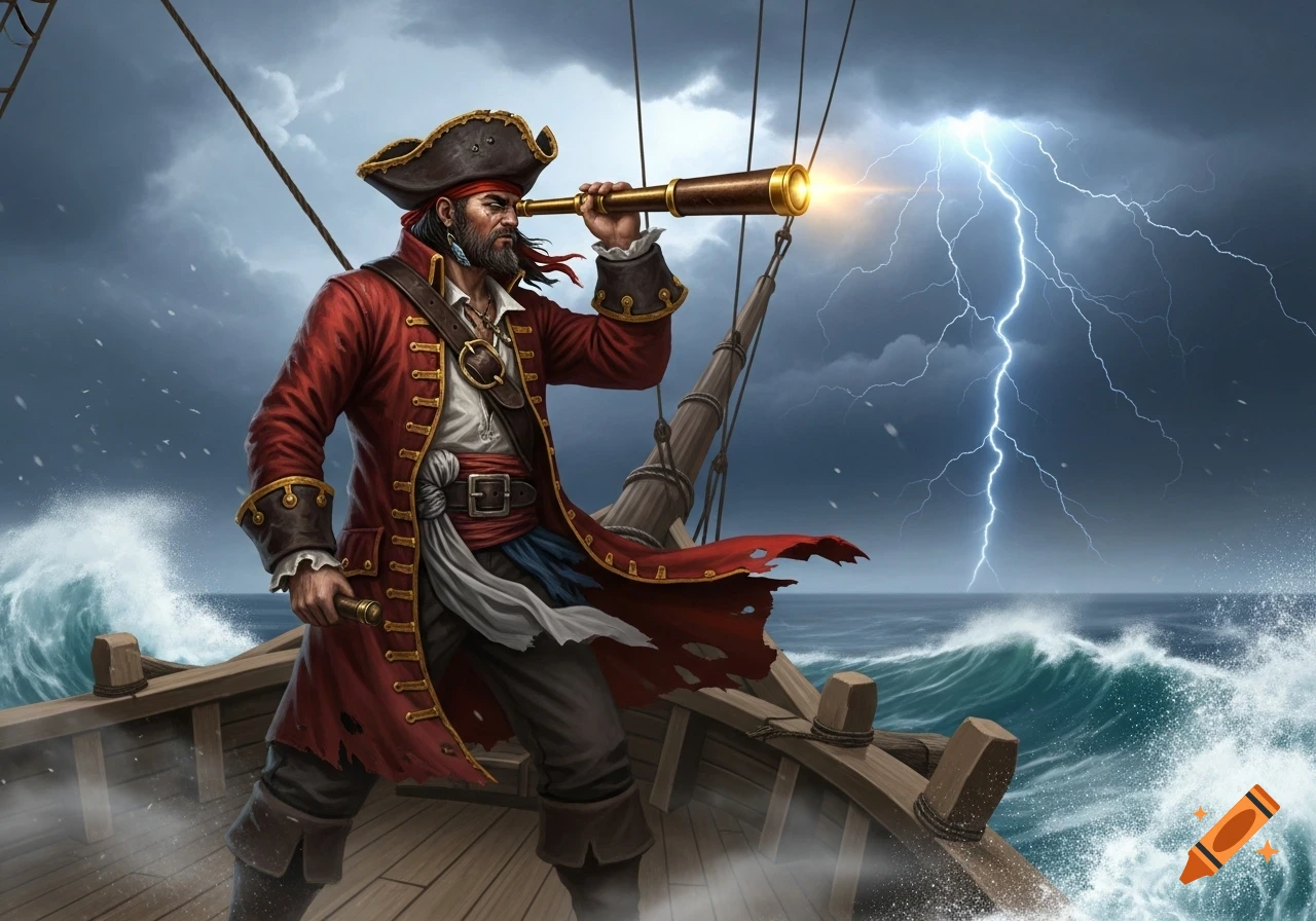 A pirate in a red coat stands on a ship's deck, looking through a telescope towards a stormy sea with lightning in the dark sky.