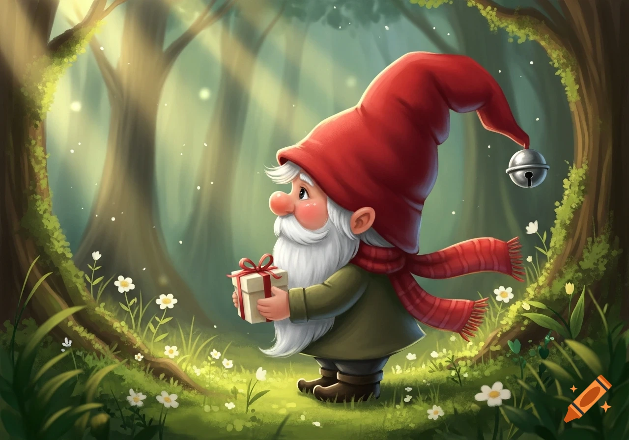 Cute cartoon gnome with a red hat and white beard, holding a wrapped gift in a whimsical forest with sunbeams.