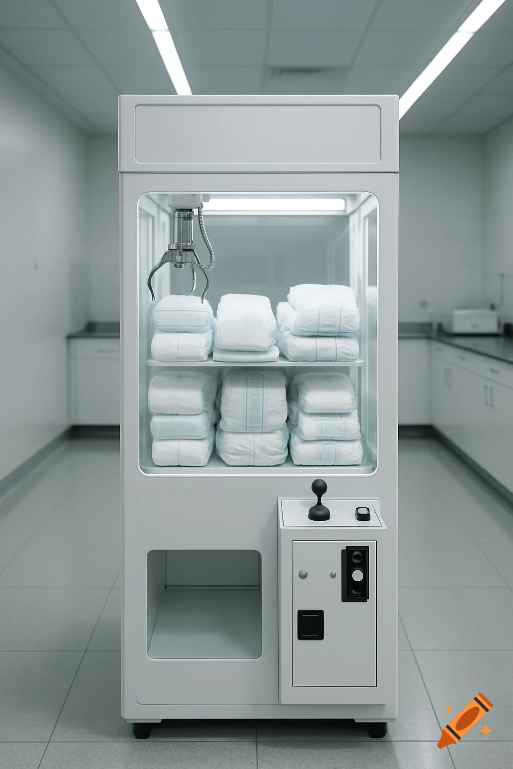 A white claw game vending machine filled with packages of adult incontinence diapers in a sterile pharmacy lab.