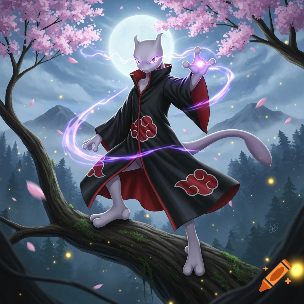 Mewtwo in an Akatsuki cloak stands on a tree branch under a full moon, casting a purple energy spell amidst falling cherry blossoms.