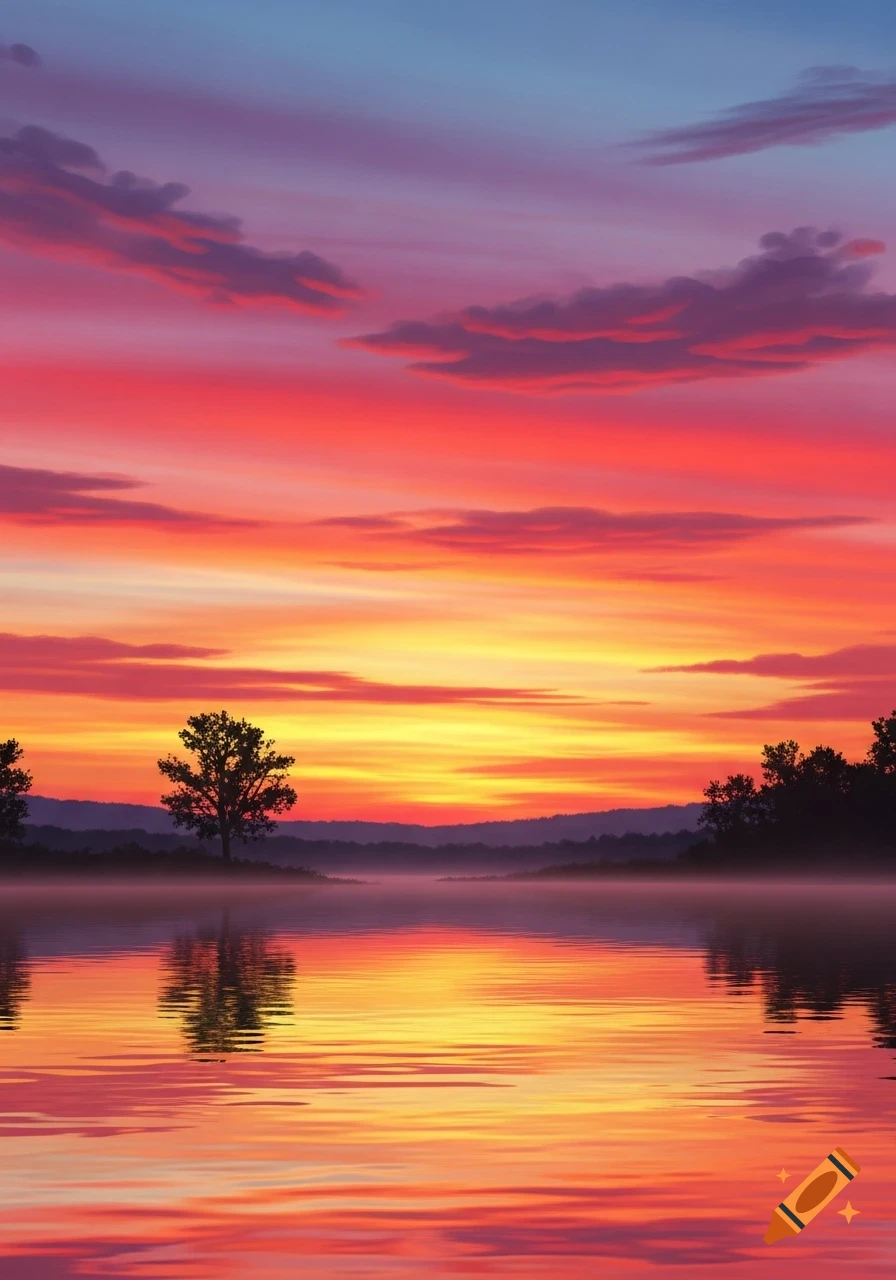 A vibrant sunset over a calm lake, reflecting a sky of fiery red ...