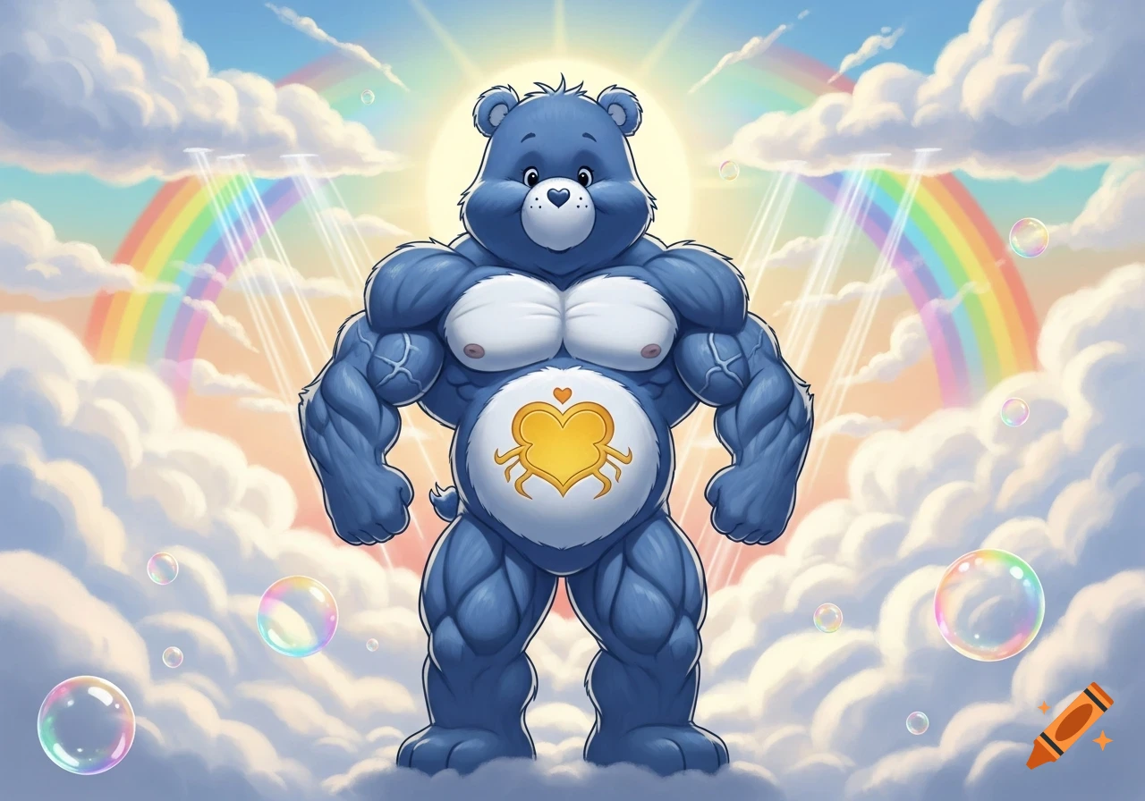 A muscular blue Care Bear stands on clouds with a heart-crab belly badge, a rainbow and sun in the background, and floating bubbles.