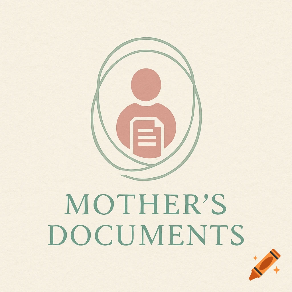 A minimalist logo with a pink person icon holding a document, encircled by green lines, above the text 'MOTHER'S DOCUMENTS' on a textured beige background.