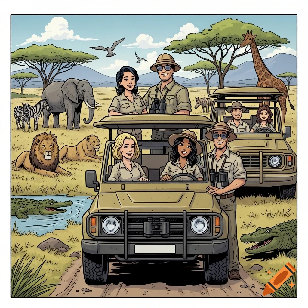 Comic style illustration of six people on a safari with two jeeps. Various animals like elephants, lions, zebras, giraffes, and crocodiles are in the background.