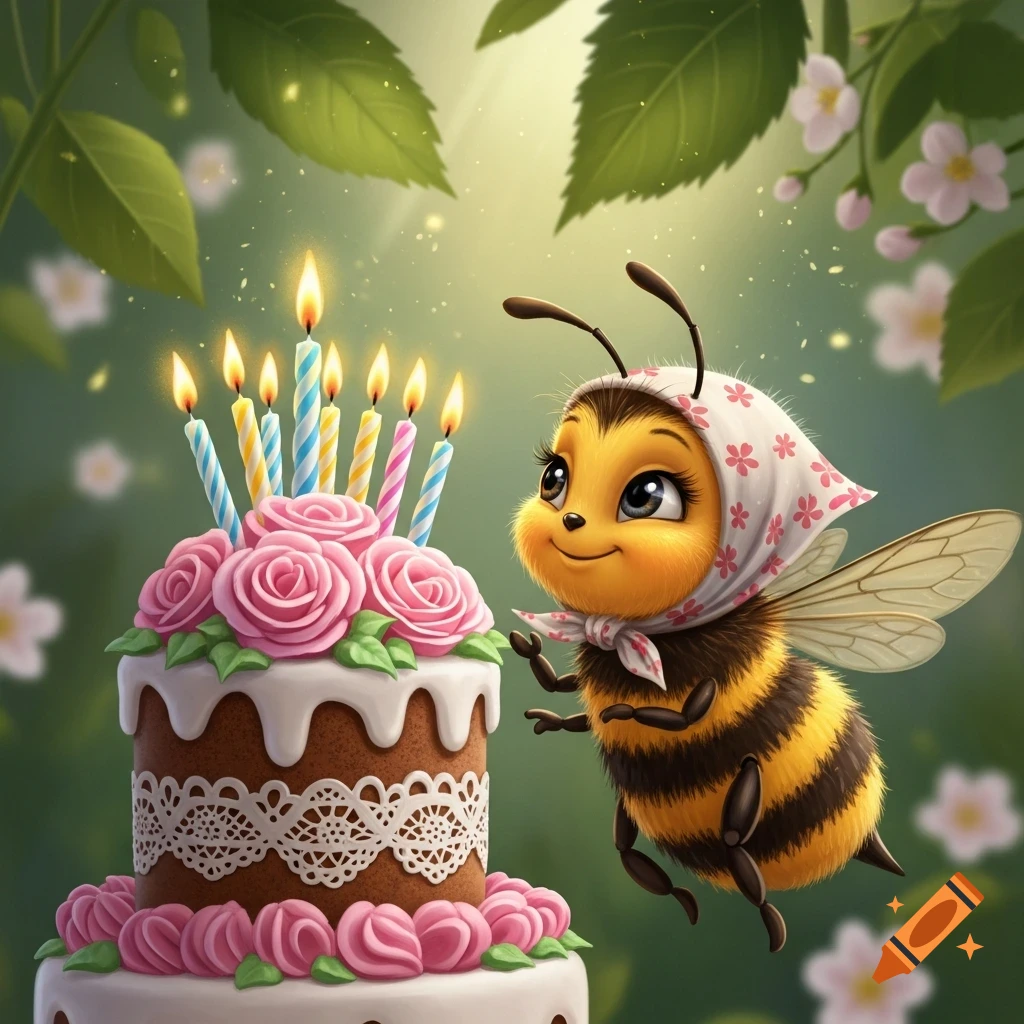 A cute cartoon bee with a floral headscarf smiles next to a two-tier ...