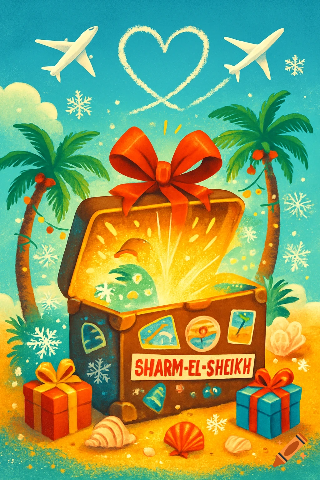 Stylized illustration of an open suitcase glowing on a snowy beach with palm trees and gifts, two planes forming a heart in the sky. Suitcase labeled SHARM-EL-SHEIKH.