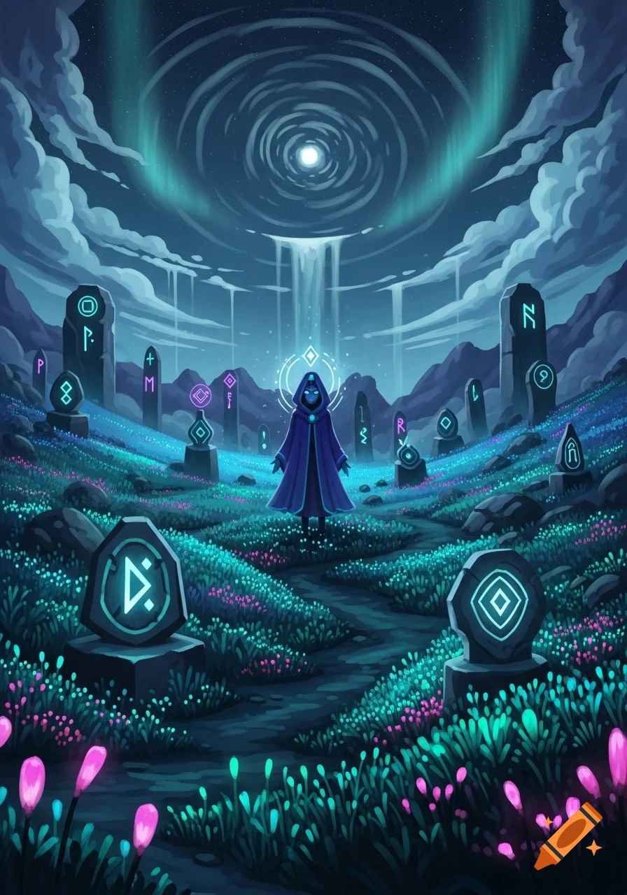 A stylized robed figure stands in a mystical field filled with glowing runes and flowers under a swirling, aurora-lit night sky with a waterfall.