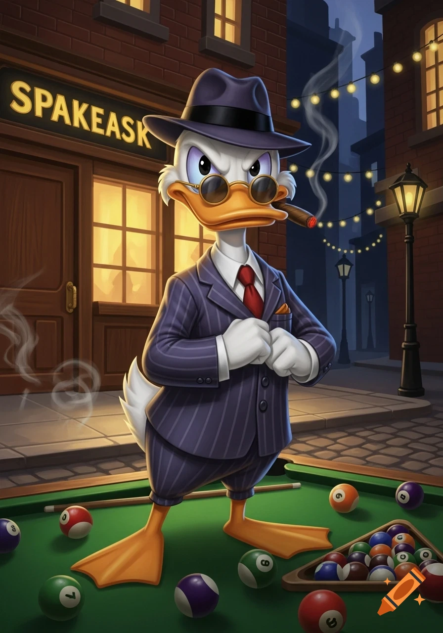 Cartoon gangster duck in a pinstripe suit, fedora, and sunglasses smoking a cigar, standing on a pool table outside a building at night.