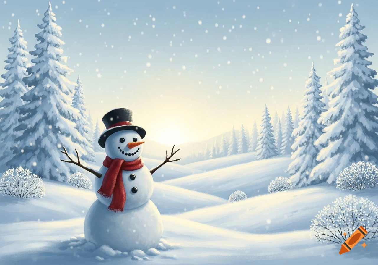 A smiling snowman wearing a top hat and red scarf stands in a snowy winter landscape with snow-covered evergreen trees and falling snow.