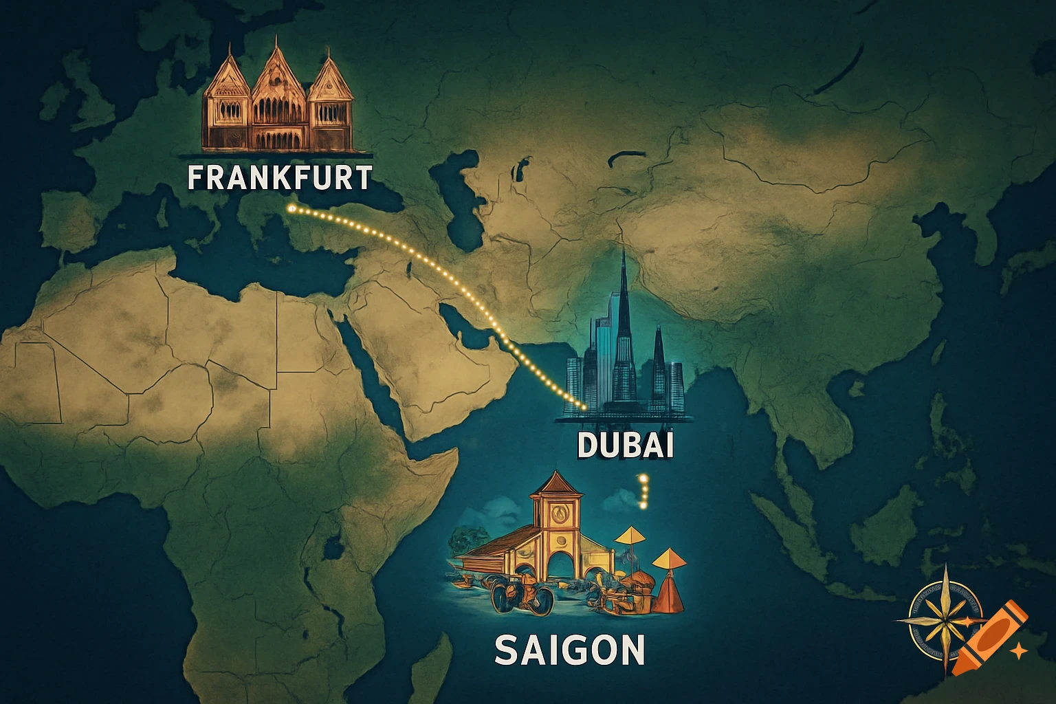 Stylized map showing a flight path from Frankfurt to Saigon, with a stop in Dubai, featuring iconic landmarks for each city.