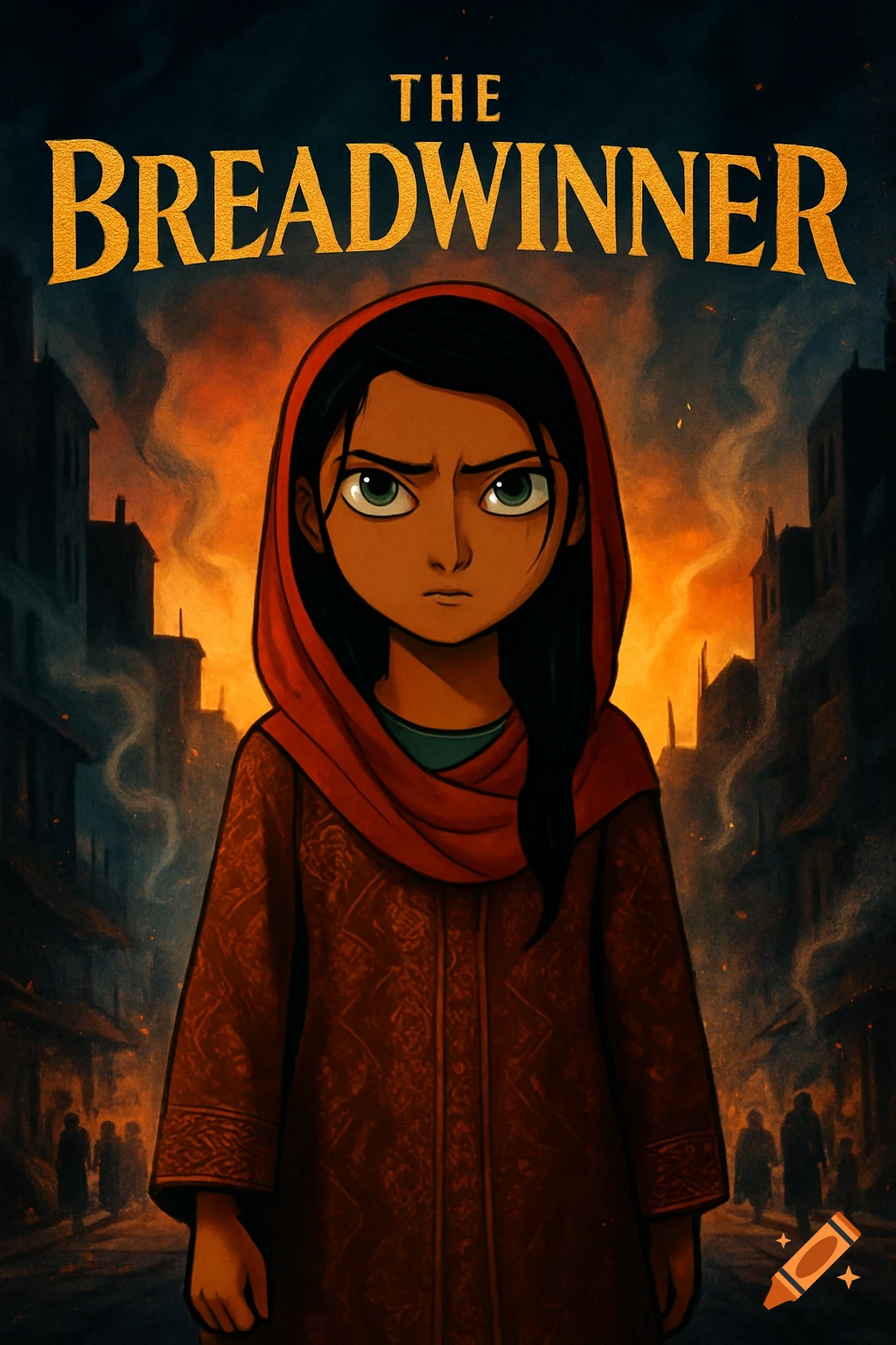 Animated movie poster featuring a serious young girl in a red headscarf and brown coat, standing in a burning city under the title 'THE BREADWINNER'.
