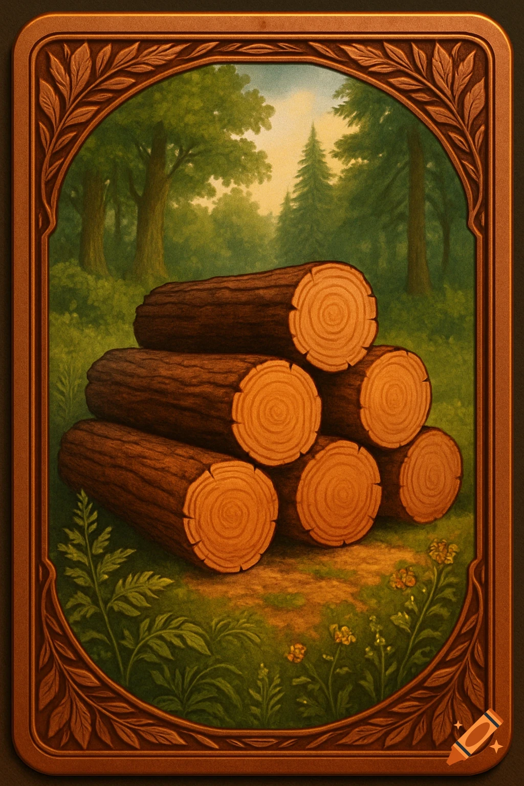 Stylized illustration of a stack of cut logs in a forest clearing, framed by a decorative board game card border.