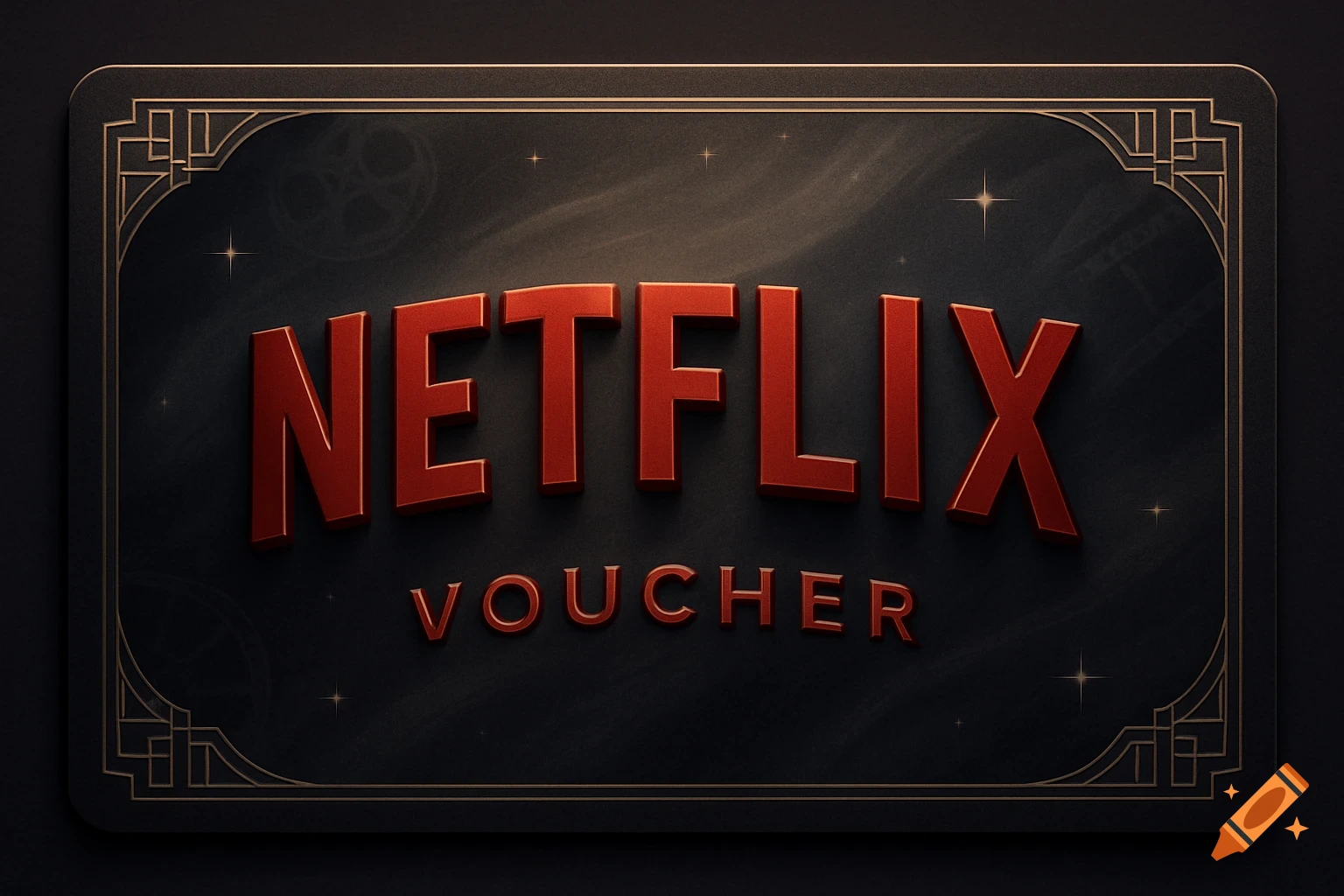A dark Netflix voucher with gold Art Deco borders and prominent red 3D text for 'Netflix voucher'.