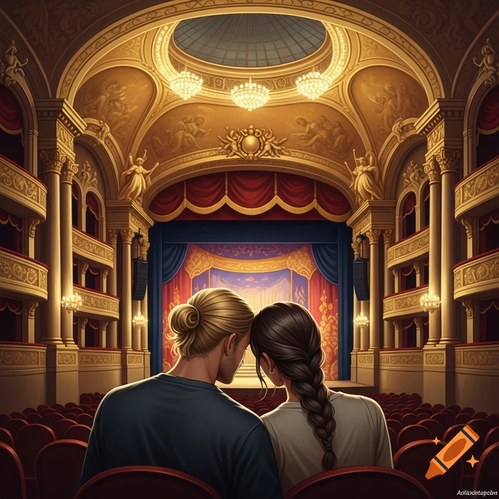 A couple seen from behind, sitting in plush red seats, looking towards a stage in a grand, ornate theater with gold decorations and chandeliers.
