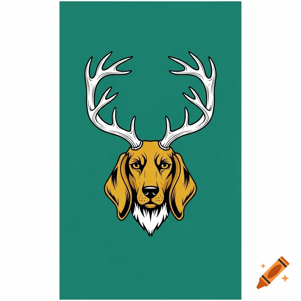 A minimalist, heraldic illustration of a golden hound's head with white antlers against a teal green background.