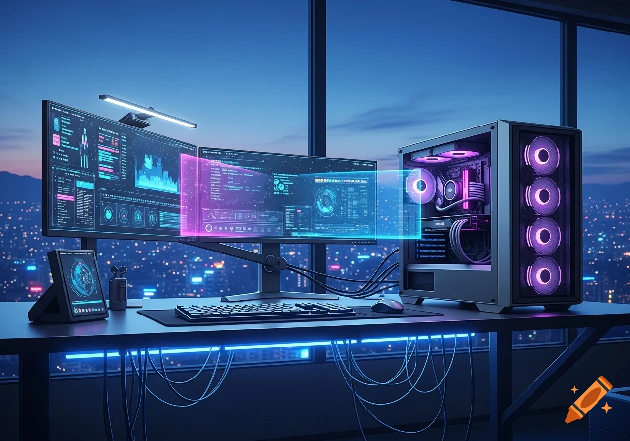 A futuristic computer setup with multiple glowing screens displaying data and a PC case with purple RGB lighting, overlooking a city at night.
