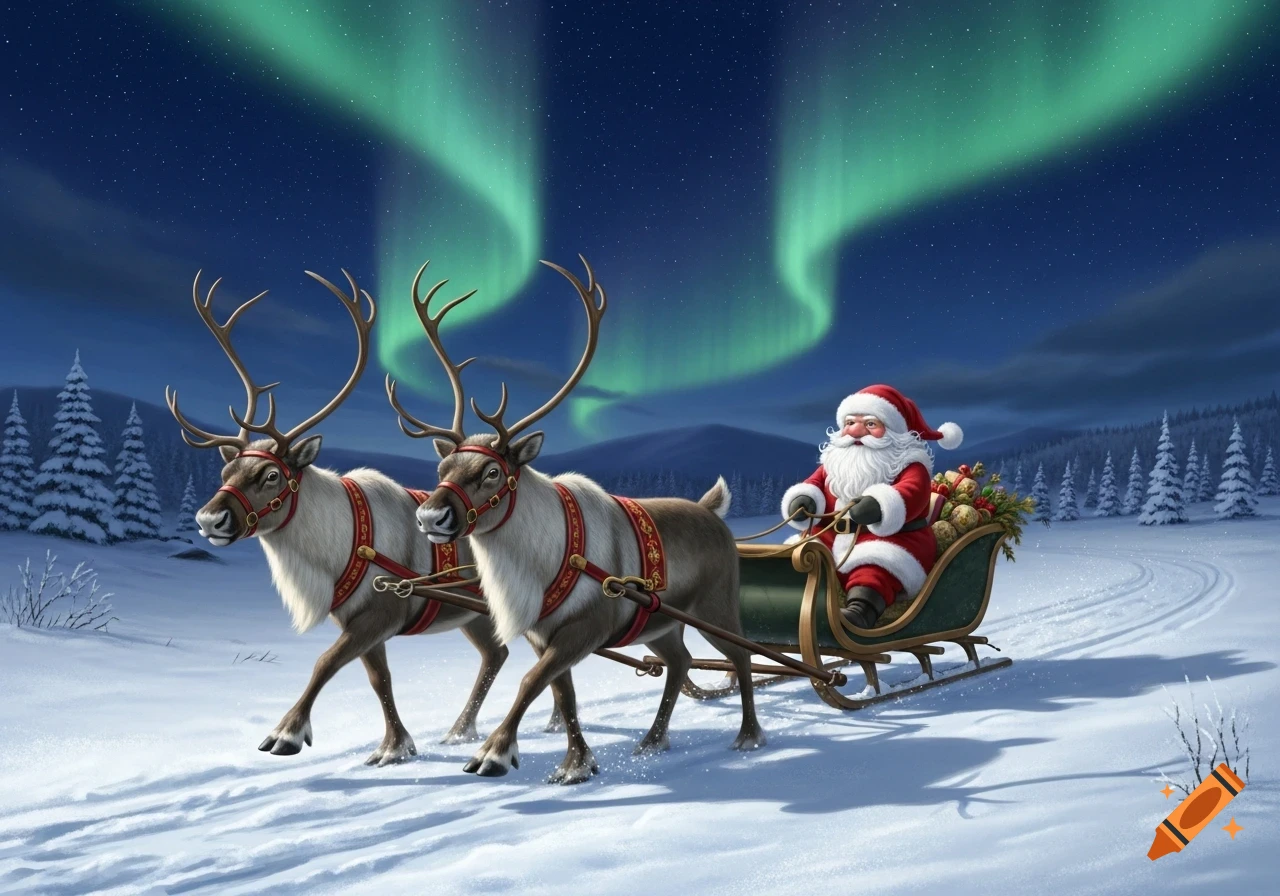 Santa Claus rides a sleigh pulled by two reindeer across a snowy ...