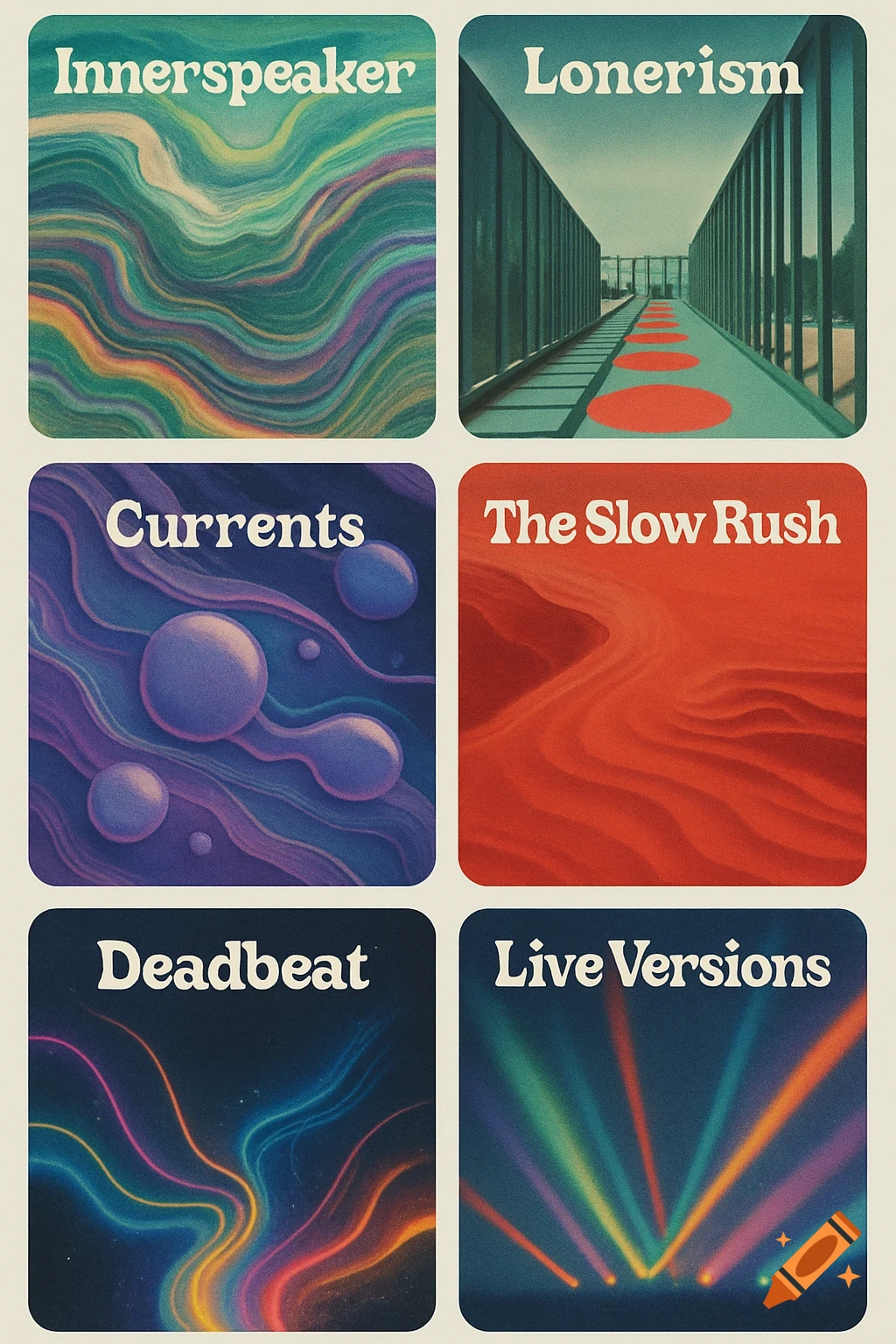 A 2x3 grid of six stylized album covers with abstract designs, including psychedelic waves, a walkway, liquid spheres, red sand, neon lights, and concert lights. Each panel has a title.