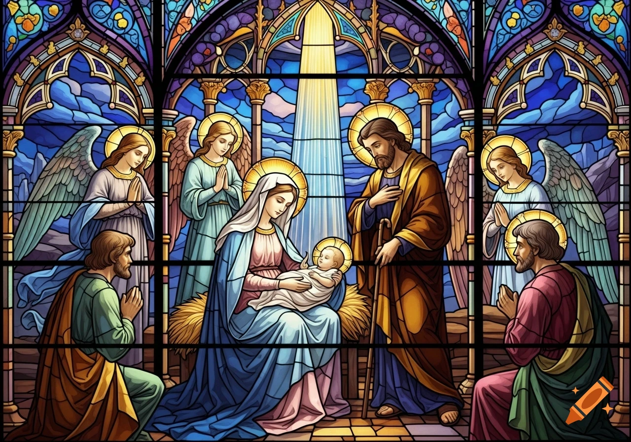 Vibrant stained glass window depicting the Nativity scene with Mary, Joseph, baby Jesus, and angels.
