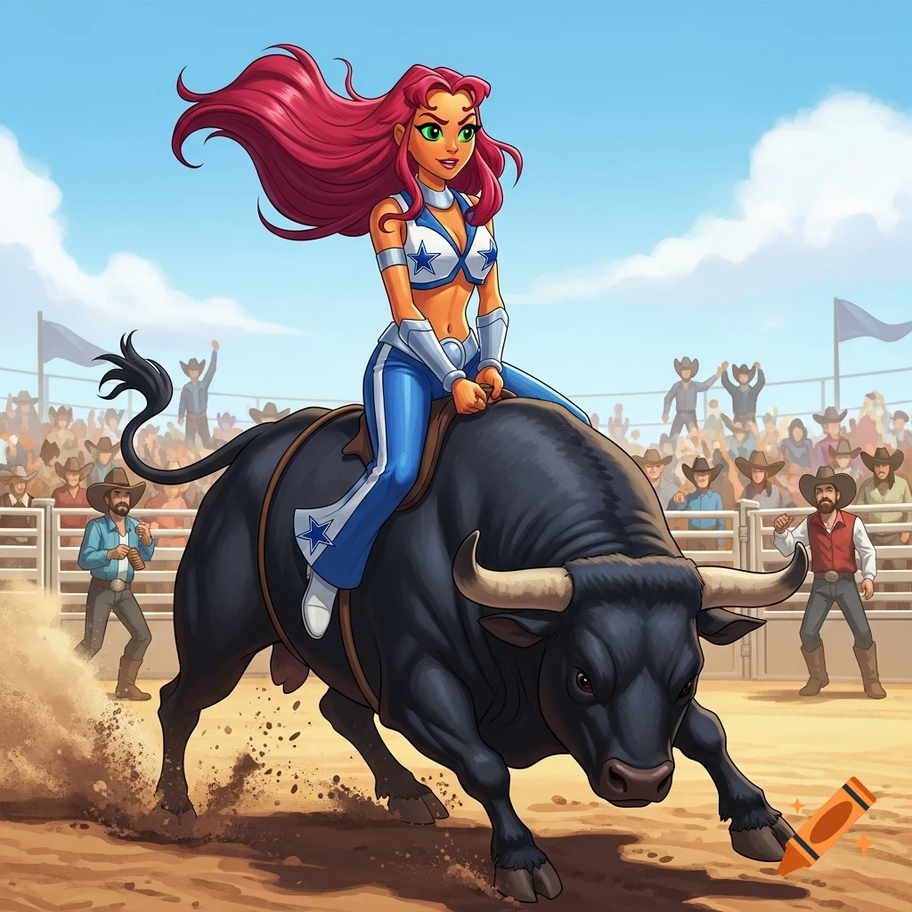 Cartoon Starfire in a blue and white cheerleading outfit riding a bucking black bull at a rodeo.