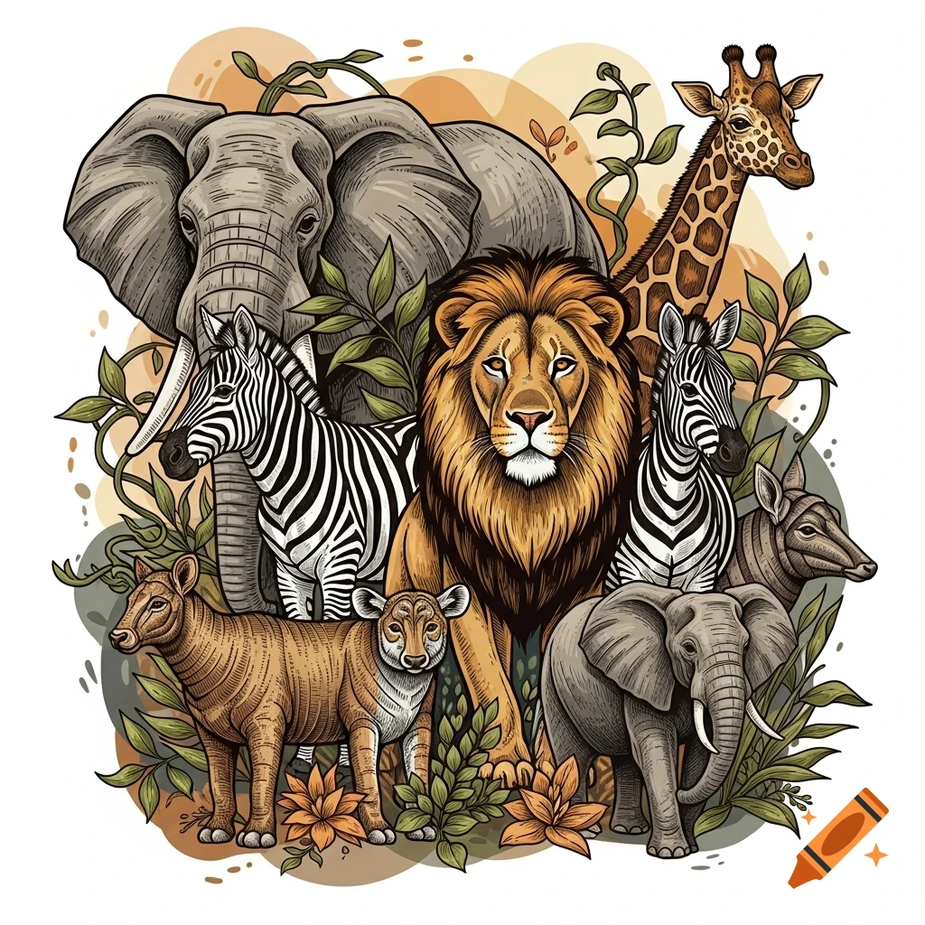 Detailed illustration of an elephant, lion, giraffe, two zebras, and other safari animals surrounded by green foliage.