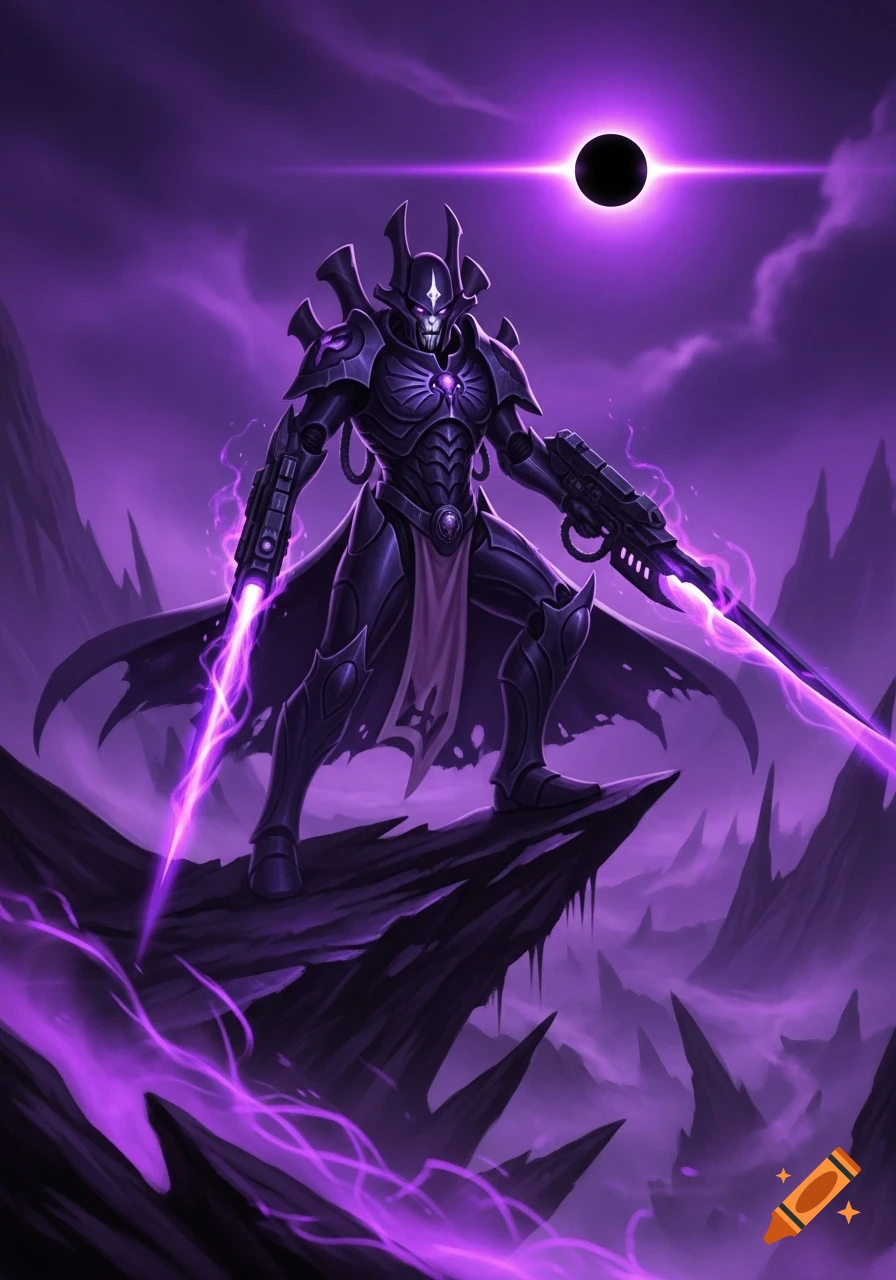 A dark, armored alien warrior with glowing purple energy blades stands on a jagged rock formation under a purple sky with an eclipse.
