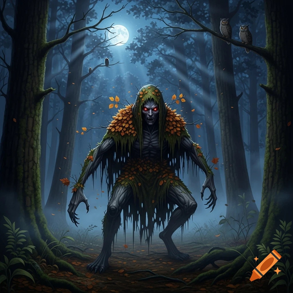 A menacing, moss-covered forest creature with glowing red eyes stands ...