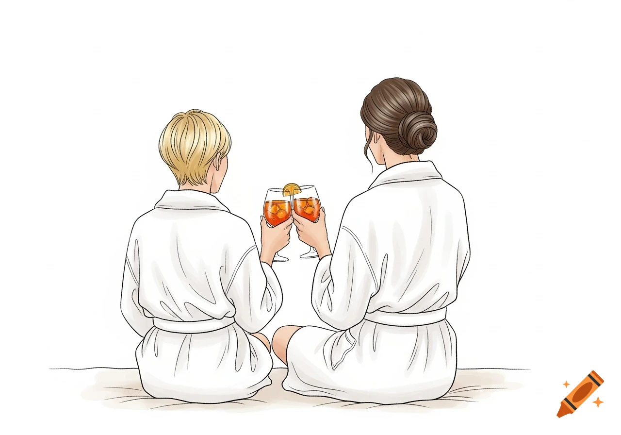 Two women in bathrobes sit facing away, toasting with Aperol spritz cocktails in a clean line-art illustration style.