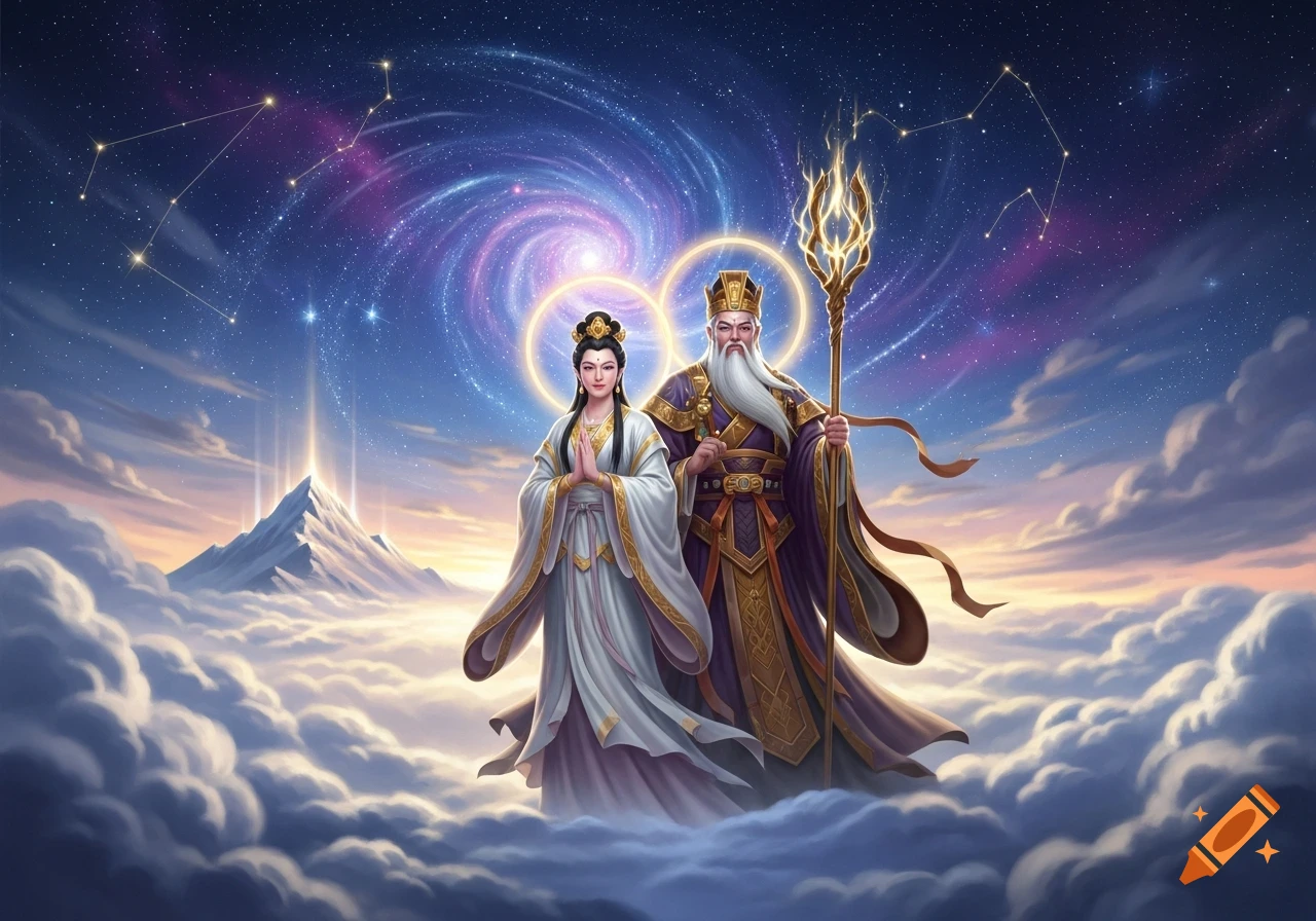 Illustrative fantasy art of a god and goddess in elaborate robes, standing on clouds under a cosmic sky with a swirling galaxy.