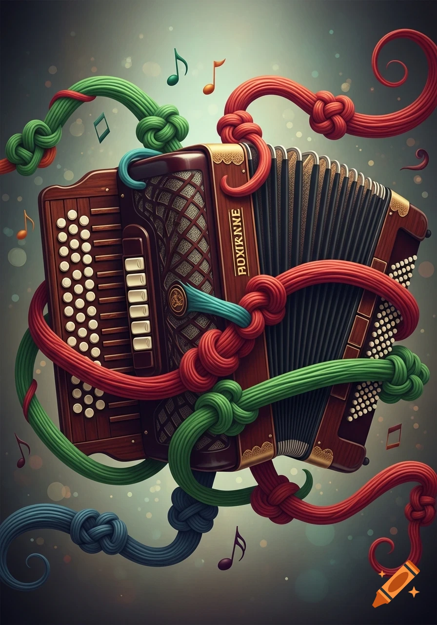 A whimsical, illustrative image of an accordion wrapped in red, green, and blue knotted ropes, with floating musical notes.