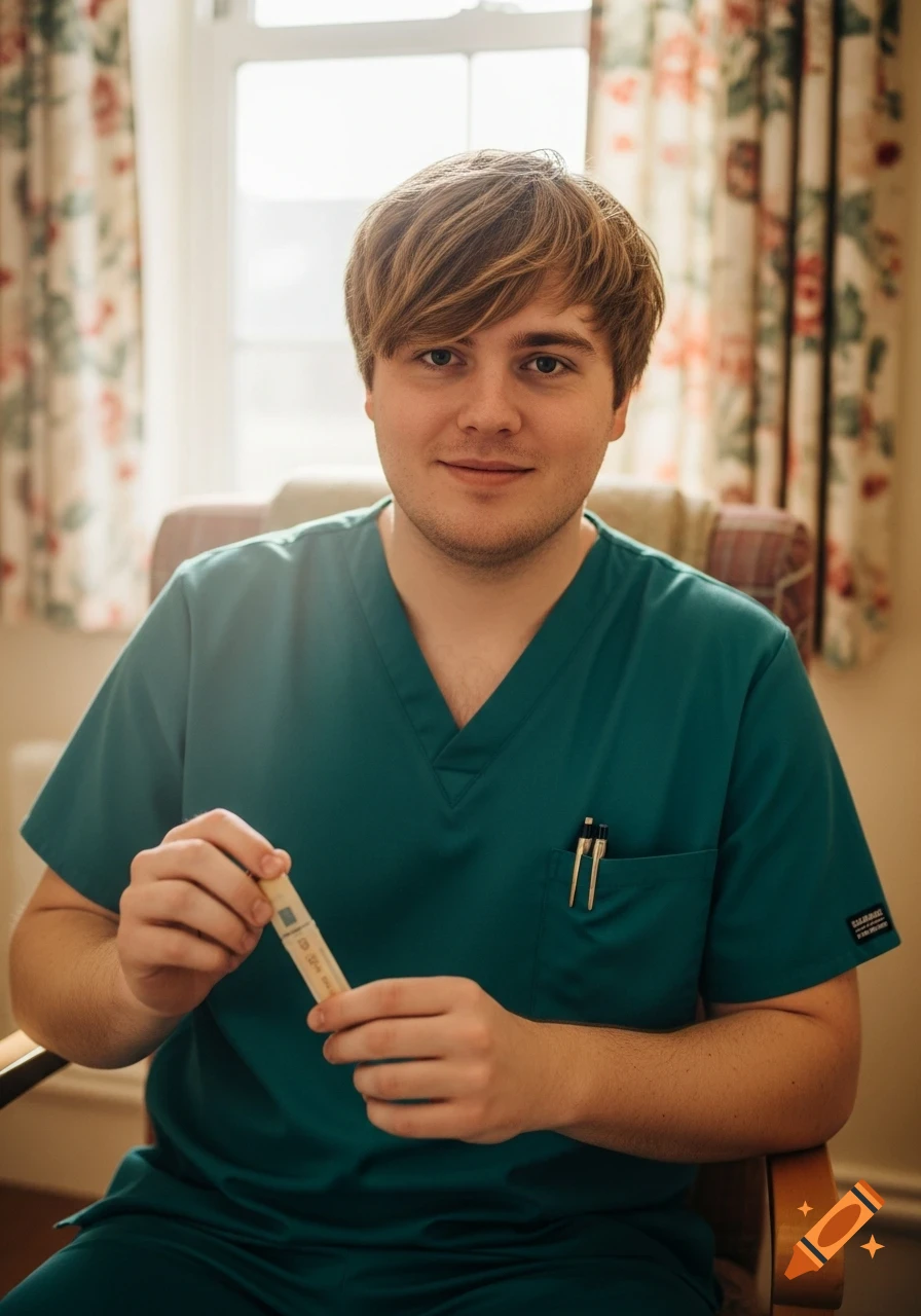 A smiling young man in teal medical scrubs holds a white medical device and looks at the camera.