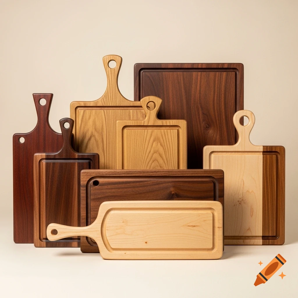 A collection of eight assorted wooden cutting boards in various sizes, shapes, and wood tones, some with handles and juice grooves.