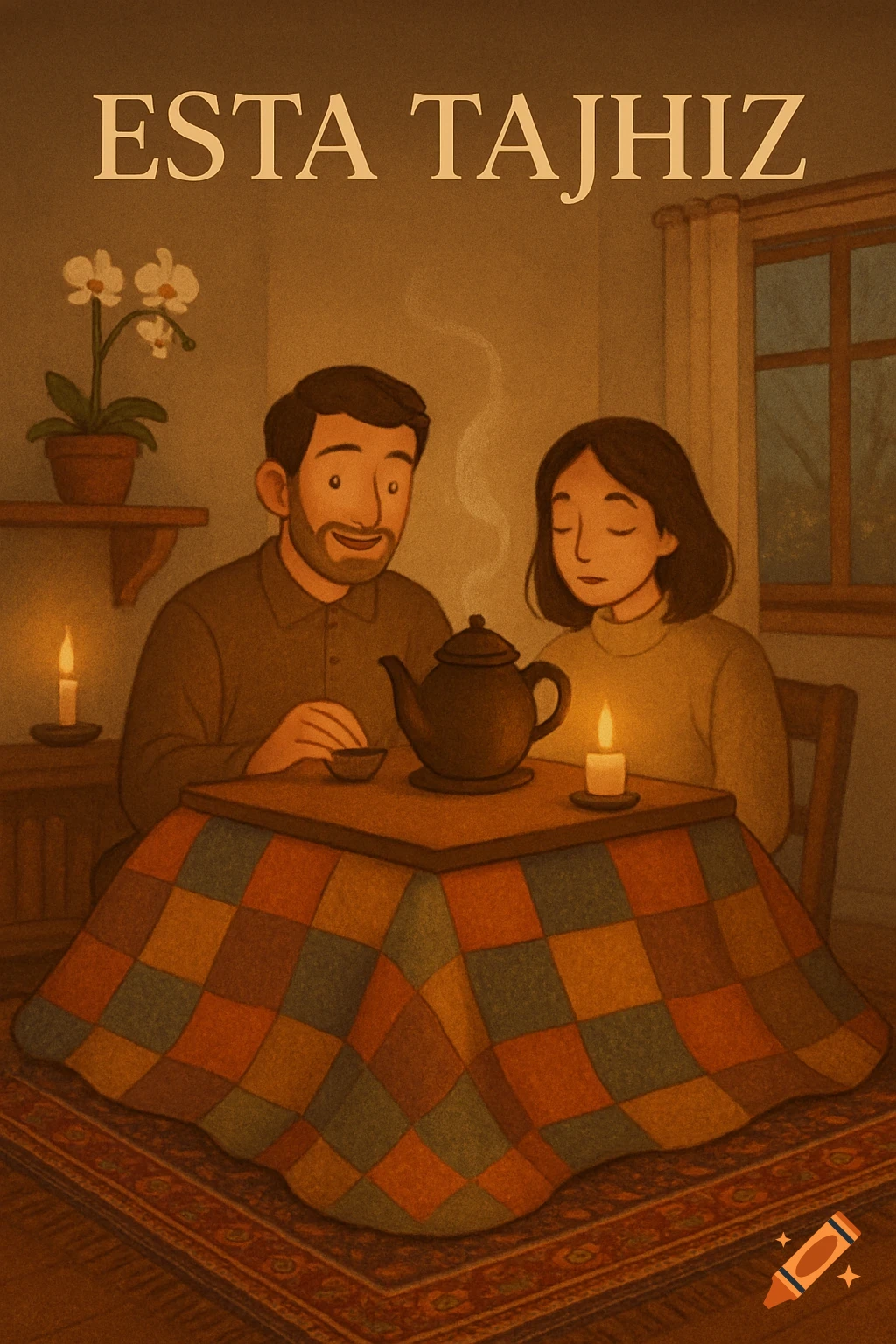 Illustration of a man and a woman sitting cozily around a kotatsu with tea, candles, and flowers, with "ESTA TAJHIZ" at the top.