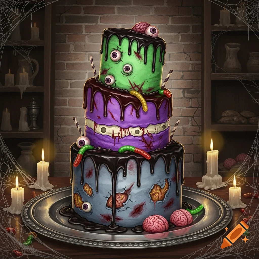 A stylized three-tiered zombie cake with green, purple, and blue layers, decorated with candy eyeballs, worms, and brains, set on a dark, web-draped table with lit candles.