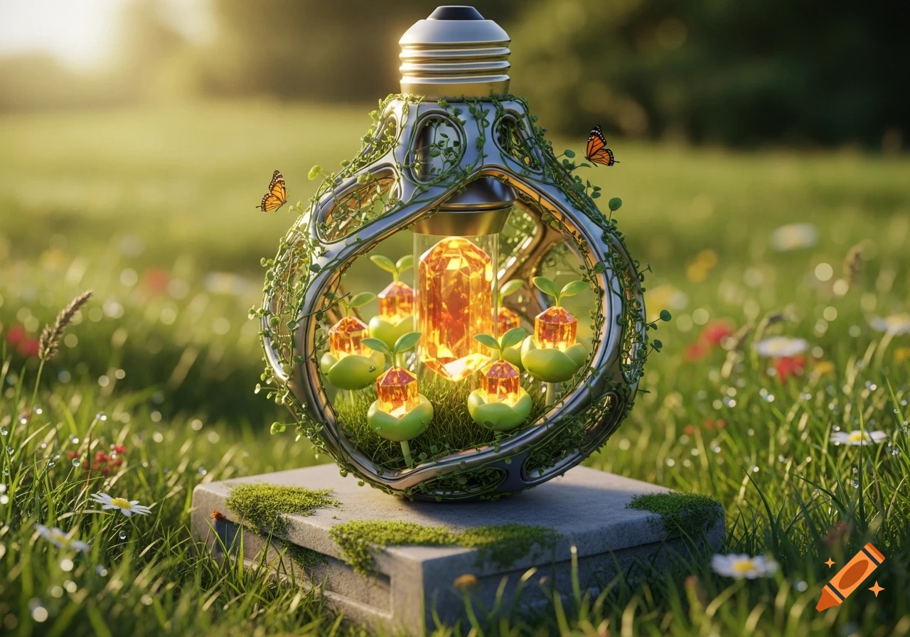 A stylized lightbulb, entwined with vines, contains glowing amber crystals and sprouts, sitting on a mossy stone in a sunny meadow with butterflies.