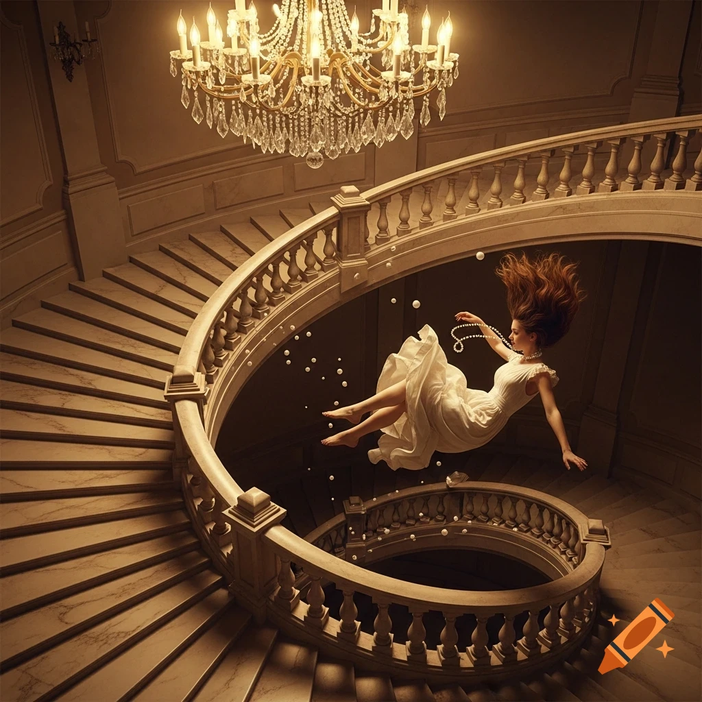 A woman in a white dress floats gracefully down a grand spiral staircase as pearls scatter around her, under a chandelier.