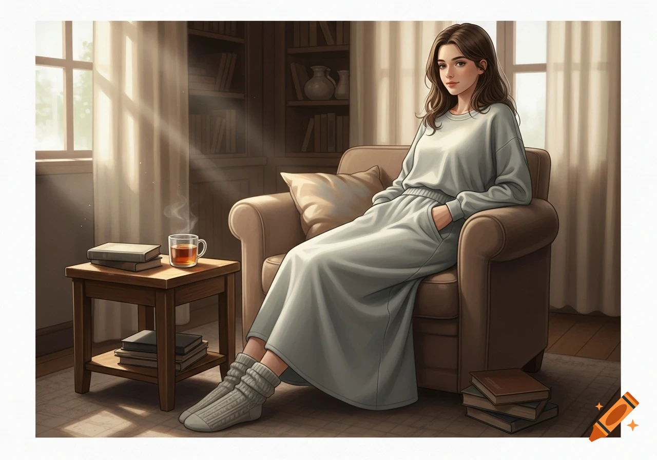Anime illustration of a tired cozy girl in a sweatskirt relaxing in a sunlit armchair with tea and books.
