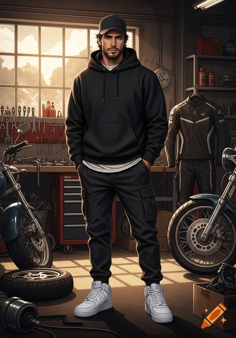 A man in a black hoodie, cargo pants, and white sneakers stands in a garage with motorcycles and tools.