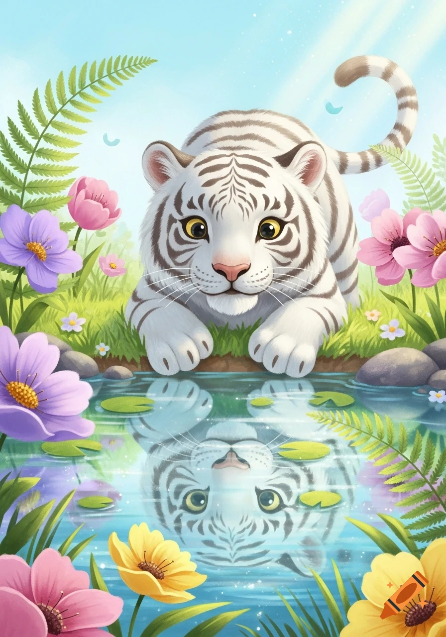 A cute white tiger with brown stripes peers into its reflection in a pond, surrounded by colorful flowers in a children's book style.