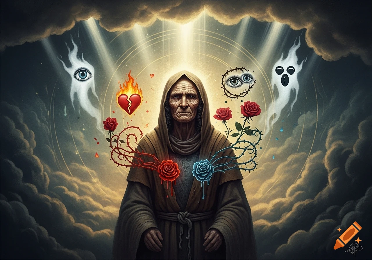 A solemn, cloaked elderly figure surrounded by a flaming broken heart, thorny roses, floating eyes, and wispy ghosts under dramatic cloudy skies.