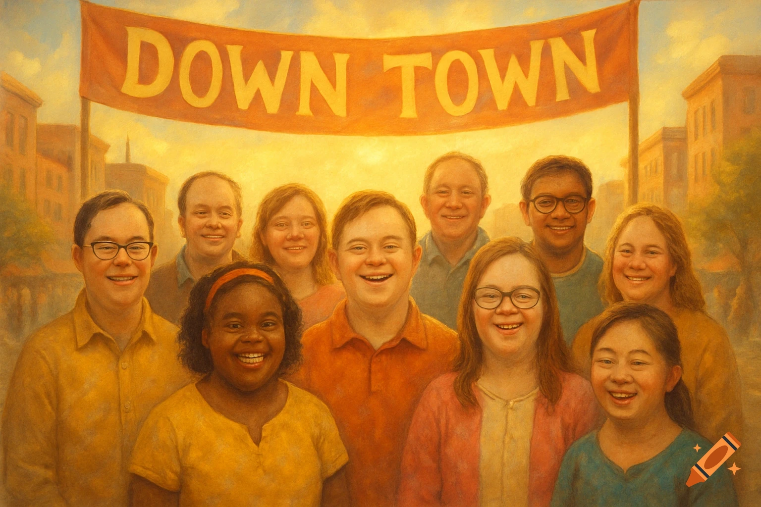 A painted group portrait of diverse people with Down syndrome smiling under a banner that reads "DOWN TOWN" in an outdoor setting.
