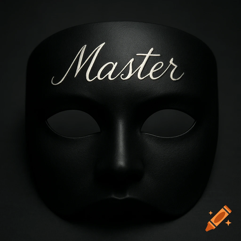 A black minimalist half-mask with the word 'Master' in white cursive, set against a dark, dramatic background.