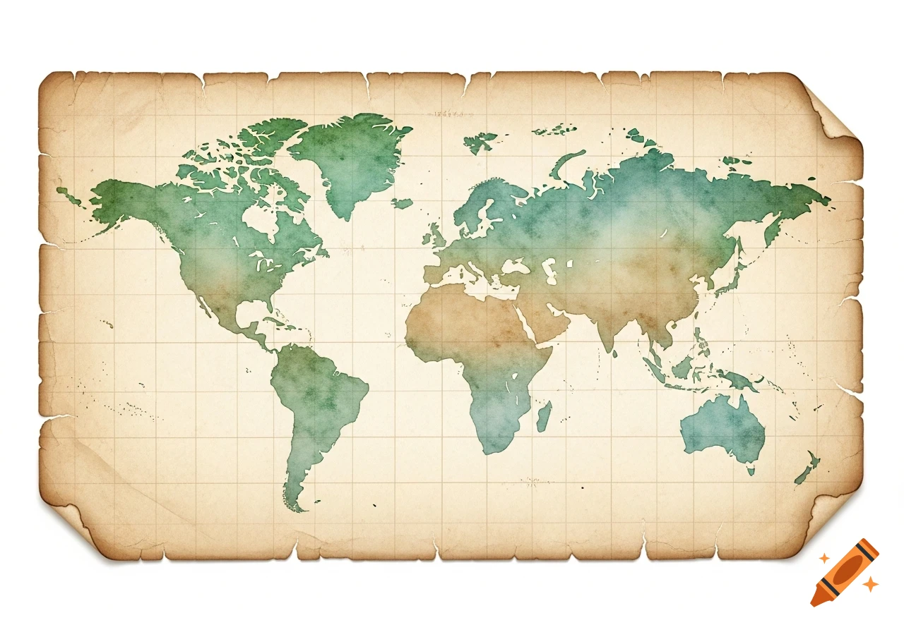 Watercolor illustration of an antique world map on a rectangular piece of old, textured paper with torn edges and a grid.