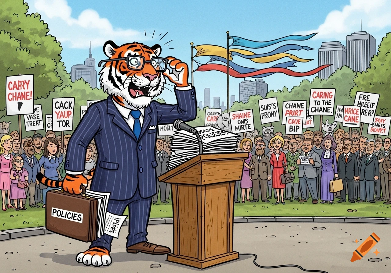 A cartoon tiger in a pinstripe suit and glasses gives a speech at a podium to a crowd holding protest signs, with a cityscape in the background.