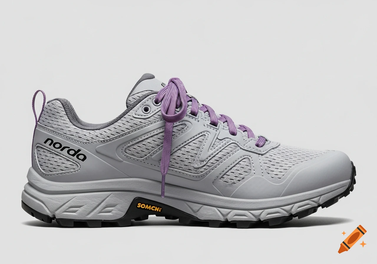 Photorealistic studio image of a pewter gray trail running shoe with muted deep lavender purple laces, side view on a neutral gray background.