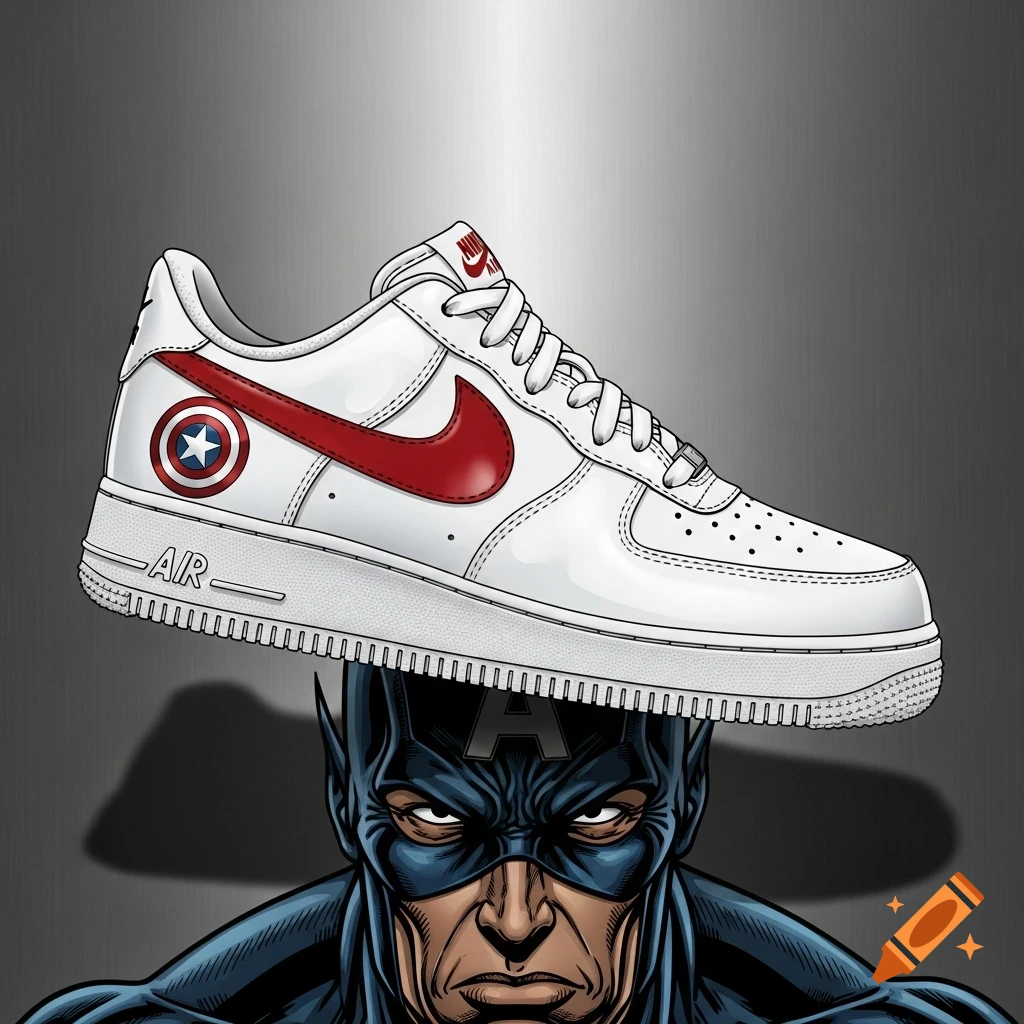 A white Nike Air Force 1 sneaker with a red swoosh and Captain America shield logo rests on Captain America's head in a comic art style.