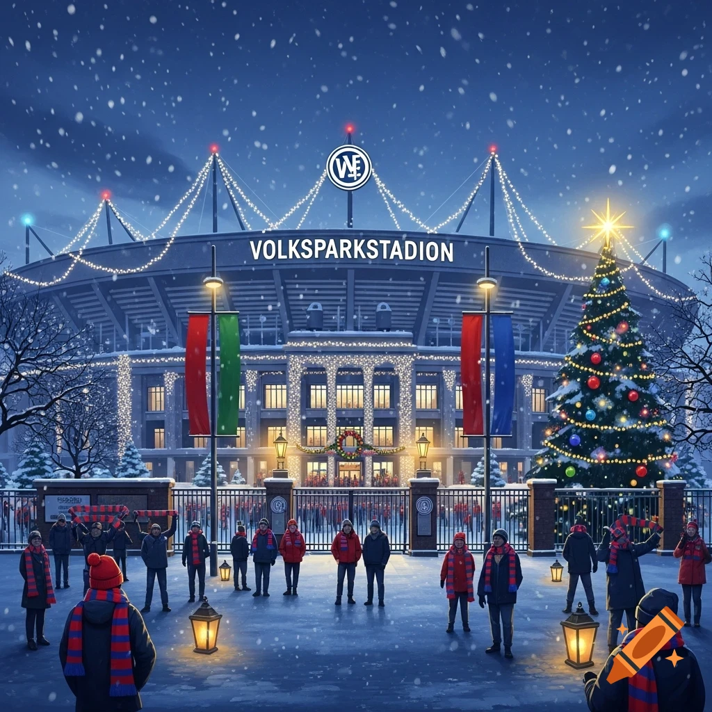 A snowy Christmas scene depicts the illuminated Volksparkstadion with a large Christmas tree and people holding lanterns in the foreground.