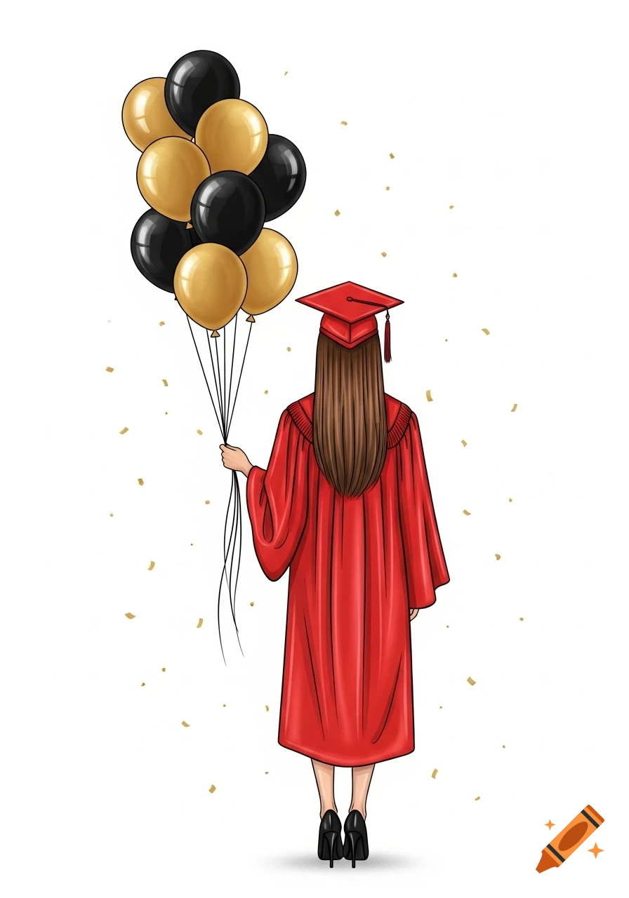 Elegant illustration of a woman in a red graduation robe and cap, seen from behind, holding black and gold balloons, with confetti.